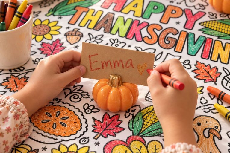 A child writing their own name on a kraft place card propped in a pumpkin holder on the coloring tablecloth