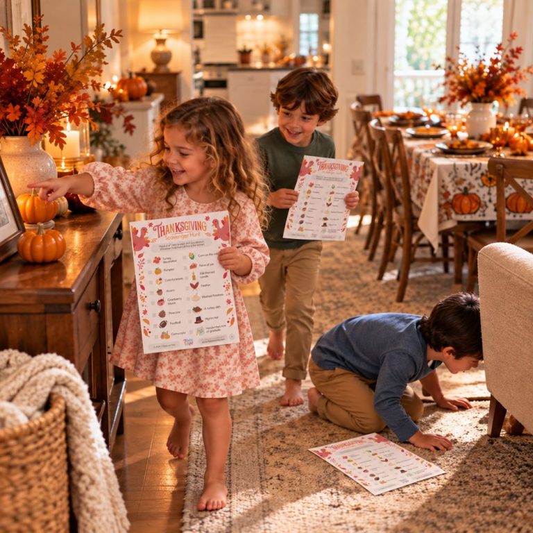 Children running a Thanksgiving scavenger hunt with a printed sheet