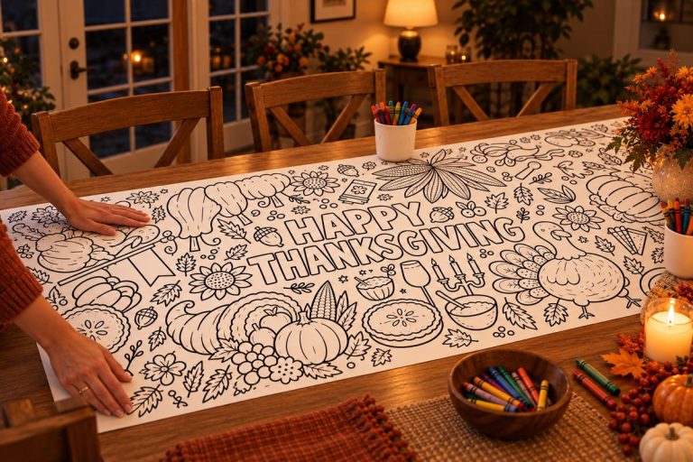 Adult hands smoothing a giant Thanksgiving coloring paper roll flat down a dining table the night before, crayons waiting in cups yet