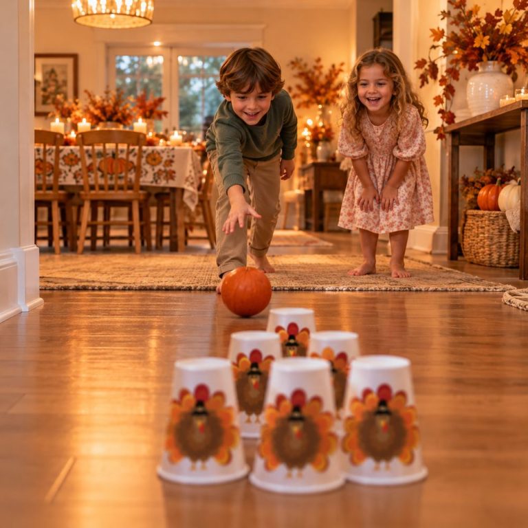 Two children bowling a small pumpkin at a pyramid of turkey paper cups in a hallway after Thanksgiving dinner dinner